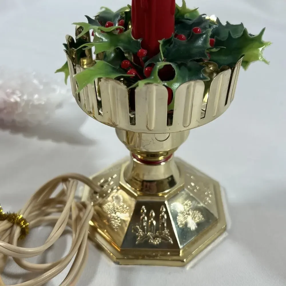 Vintage Blow Mold Plastic Light Up Candle Christmas Holly Lamp Electric Window